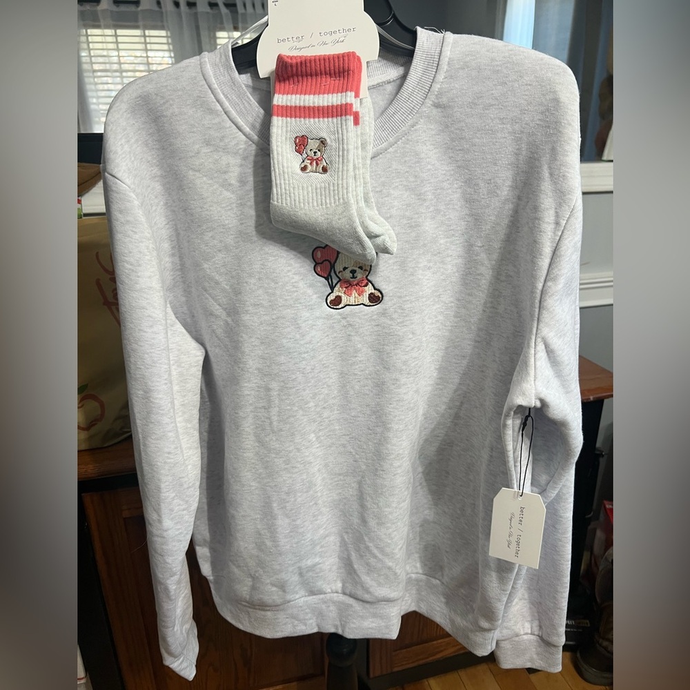 Better Together-Bear on Gray Sweatshirt with Bear Design With Matching Socks NWT